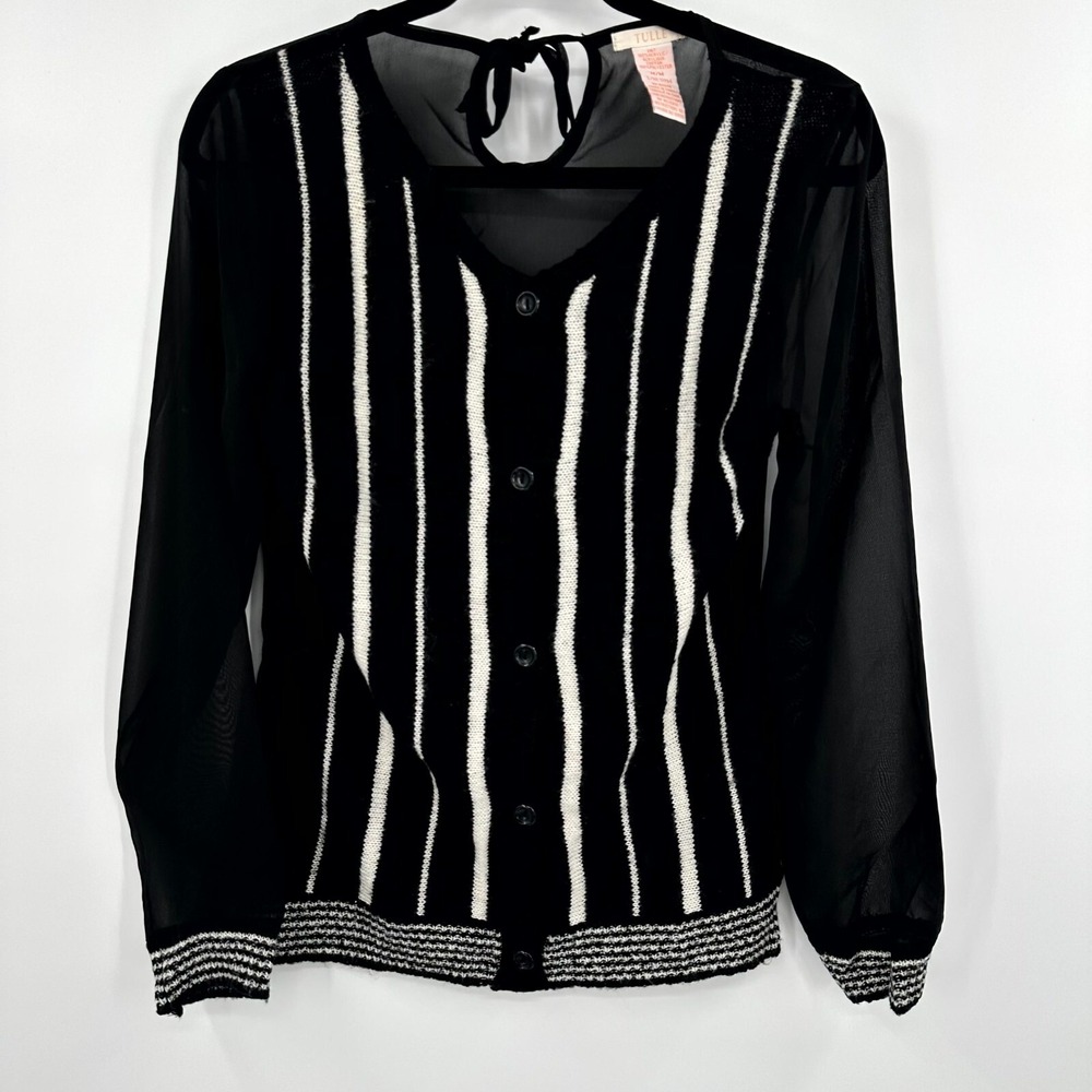 Tulle Cardigan Sweater Women's Medium Black White‎ Knitted V Neck Button Front